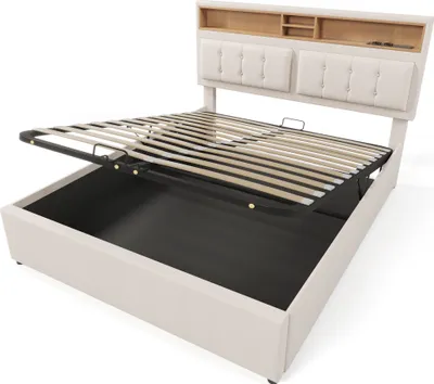 Produktbild von Flieks Polsterbett 160x200cm mit USB und Steckdosen, Boxspringbett Doppelbett mit Stauraum, Stauraumbett Jugendbett mit Lattenrost, Leinen, Beige