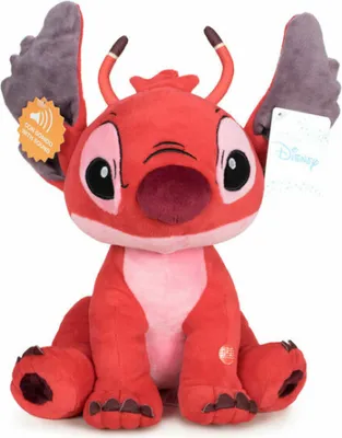 A red plush toy of the character Stitch from Disney, sitting and facing forward.