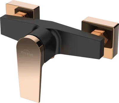 A black and gold shower faucet against a white background.