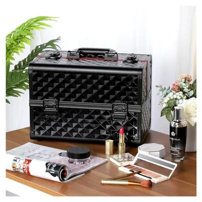 Produktbild von Schwarzer Schminkkoffer Kosmetikkoffer Alu Werkzeugkoffer für Nägel 34,7 x 22,2 x 25 cm