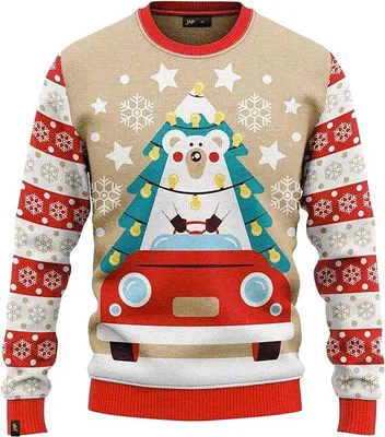Produktbild von JAP Christmas  Eisbär im Auto - Lustiger Hässlicher Weihnachtspullover Für Damen und Herren Ugly Christmas Sweater - Beige - M
