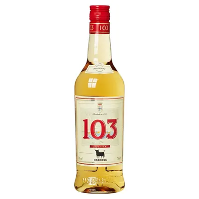 A bottle of Osborne 103 Etiqueta Blanca brandy.