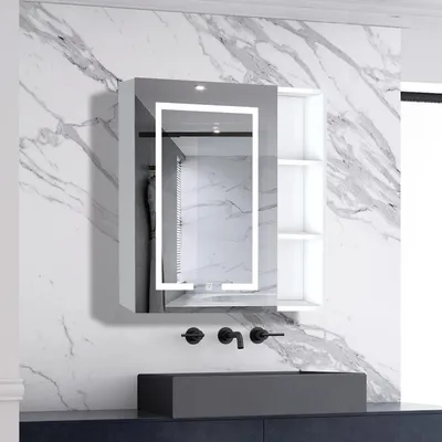 Produktbild von AICA LED Spiegelschrank mit Seiteschrank 60x70cm Weiß Matt Touch/Wandschalter Beschlagfrei 3 Lichfarbe Dimmbar Spiegelschrank mit Steckdose