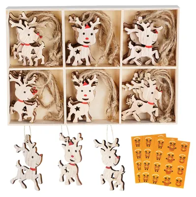 Produktbild von 30 Holz-Weihnachtsanhänger mit Aufklebern und Hanfband