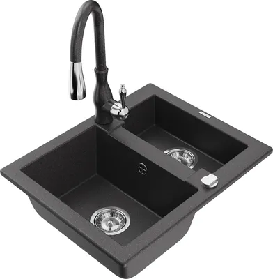 Produktbild von Mexen Carlos 1,5-Becken-Granitspüle mit Mischbatterie Savita, Schwarz gesprenkelt - 6518-76-672601-76