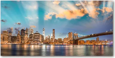Produktbild von Tulup® Glas-Bild - 100x50 -Wandkunst - Wandbild hinter gehärtetem Sicherheitsglas  - Sehenswürdigkeiten & Architektur - Brooklyn-Brücke - Blau
