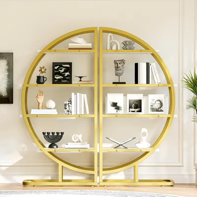 Immagine prodotto di Scaffale a colonna 120x30x130, con arco a tutto sesto, cornice dorata, 4 ripiani in MDF, scaffale modulare a semicerchio (oro + bianco)