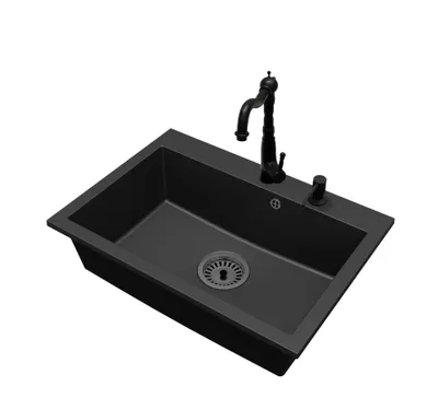 Produktbild von Granitspüle Küchenspüle Einbauspüle 1 Becken Elite 70 Set mit Armatur, Seifenspender und Siphon Schwarz