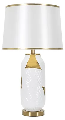 Image de Lampe de table en céramique,Reproductionée de motifs de feuilles, dimensions 40x70 cm, couleur or et blanc, design Mauro Ferretti