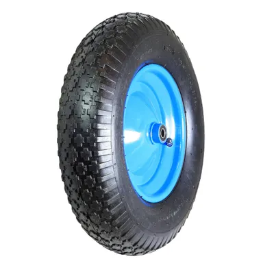 Produktbild von DOMINO Pneumatische Rad für Schubkarre 4.00-8 | Schubkarrenrad Stahlrad Vollgummi Durchmesser 400 mm Tragkraft 150kg | Ersatzrad Gummirad | Schubkarrenreifen | Kugellager | mit Radasche | Blau