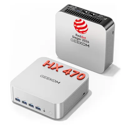 Produktbild von GEEKOM A9 Max AI Mini PC, AMD Ryzen AI 9 HX 470, 32GB DDR5 & 2TB SSD, 2× USB4, HDMI 2.1, Dual 2,5G LAN, Wi-Fi 7, Bluetooth 5.4, Windows 11