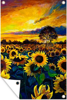 Produktbild von MuchoWow® 60x90 cm Outdoor-Poster Gartendeko Sichtschutz Garten Poster für den Garten  Gemälde - Ölfarbe - Blumen - Sonnenblume