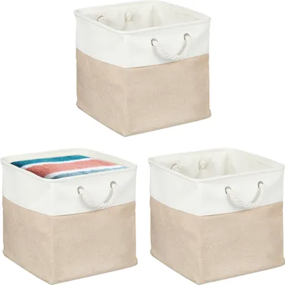 Obrázok produktu pre Úložný košík Relaxdays, sada 3 ks, ľan, s lanovými uchami, na oblečenie, hračky, 33 x 33 x 33 cm, košík na poličku, béžovo-biely