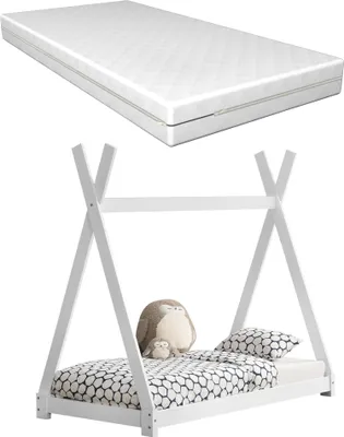 Produktbild von [en.casa] Kinderbett Weiß mit Matratze 80x160cm Tipi-Design Kiefernholz Bett Holzbett Hausbett Kaltschaummatratze  Standard 100 Allergikergeeignet Atmungsaktiv