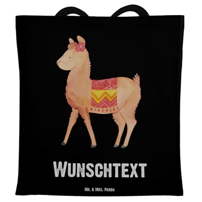 Produktbild von Mr. & Mrs. Panda Personalisierte Tragetasche Alpaka stolz - Schwarz - Personalisierte Geschenke, Personalisierte Tasche, Lama, Personalisierter Stoffbeutel