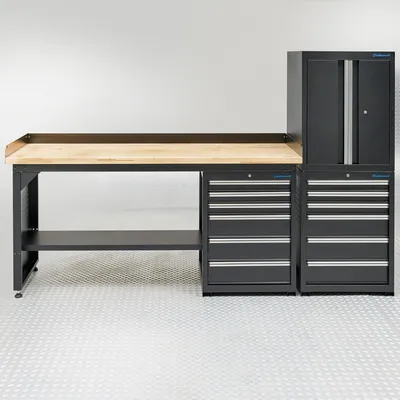 Produktbild von Werkbank 200 cm – 1 Türenschrank & 2 Schubladenschränke – Bambus