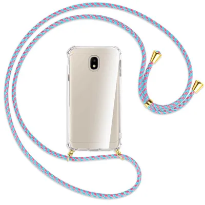 Produktbild von Handykette Backcover-Schutzhülle mit Band (Metall goldfarben) für Samsung Galaxy J3 2017 - pink/mint