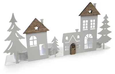 Produktbild von Logbuch-Verlag Teelichtleiste Häuser Metall Holz weiß 28 cm – Teelichthalter Winterdorf – Weihnachtsdeko Kerzenhalter