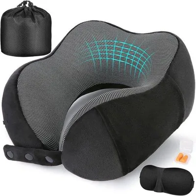 Image de Oreiller de voyage pour l'avion, oreiller en mousse 100 % confort, oreiller d'avion réglable, accessoire de voyage portable comprenant un masque pour les yeux, des bouchons d'oreille et une pochette de voyage