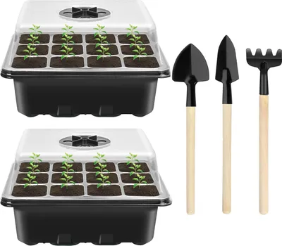 Image de Lot de 2 kits de culture pour serre d'intérieur à 12 alvéoles, bac de culture avec couvercle, bacs de culture en plastique avec 3 petits outils de jardinage, noir