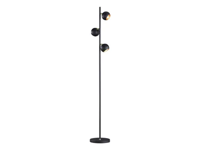 A black floor lamp with three spherical lights on a white background.