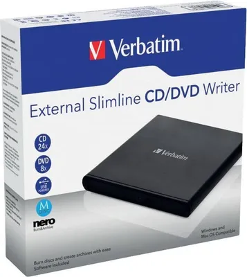 Productafbeelding van Verbatim VER98938 Externe Slimline CD/DVD-brander, mobiele externe drive, snelle gegevensback-up, met Nero Burn & Archive - zwart