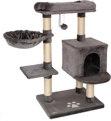 A dark gray cat tree with multiple levels, a hammock, a hideaway cube, and scratching posts.