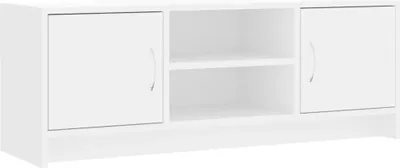 A white TV stand with two doors and two open shelves in the middle.