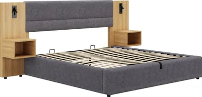 A bed frame with integrated nightstands and headboard.