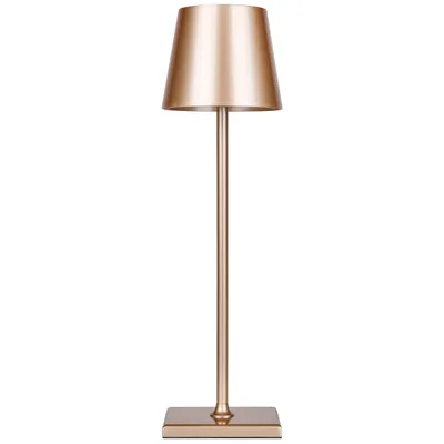 A gold table lamp with a conical shade and a square base, presented on a white background.