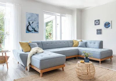 Image de MIUFORM Dazzling Daisy - Canapé d'angle avec fonction lit et coffre de lit U-FORM DROITE - 330x190cm - Bleu clair - Canapé-lit Canapé