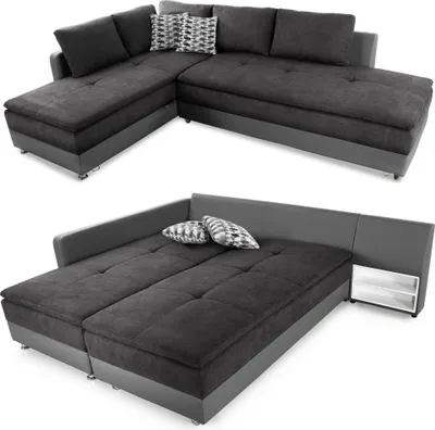 A sectional sofa shown in two configurations: as a sofa and as a bed.