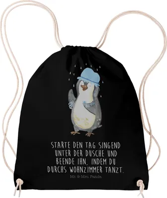 Produktbild von Mr. & Mrs. Panda gym rucksack Pinguin Duschen - Schwarz - Geschenk, wander, Beutel, Tanzen, Motivation, sporttasche klein, Dusche, Duschkonzert, Singen, Jutebeutel