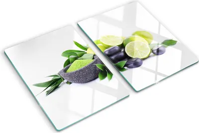 Produktbild von Tulup Glas Herdabdeckplatte - 2x40x52 cm - Glaskeramikkochfeld-Abdeckung Spritzschutz Glasabdeckplatte Kochplattenabdeckung und Schneidebrett - Zweiteilig - Essen & Getränke - Limetten und Steine - Grün