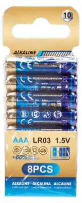Zdjęcie produktu dla Baterie alkaliczne AAA (LR03), 1,5 V, zestaw 8 sztuk, idealne do urządzeń elektronicznych i zabawek