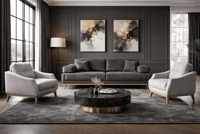 Immagine prodotto di Divano a 3 posti, 2 poltrone, stile moderno, colore nero e grigio, nuovo, ideale per il soggiorno