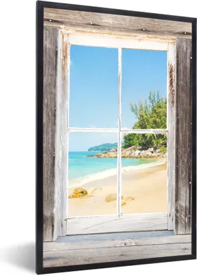Produktbild von MuchoWow® Gerahmtes Poster Durchblick - Strand - Holz 20x30 cm - Poster mit Schwarzem Bilderrahmen Wandposter Rahmen Foto Bilder - Drucken - Bilder Poster im Rahmen
