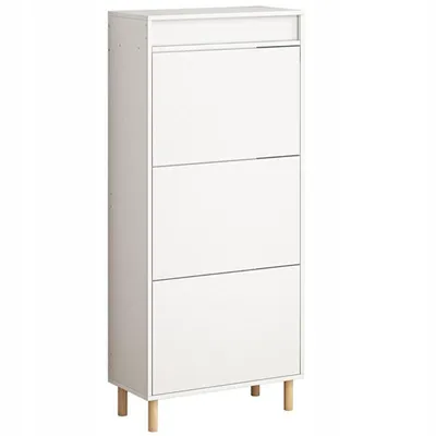 A white shoe cabinet with three flip-down doors and wooden legs, shown against a white background.