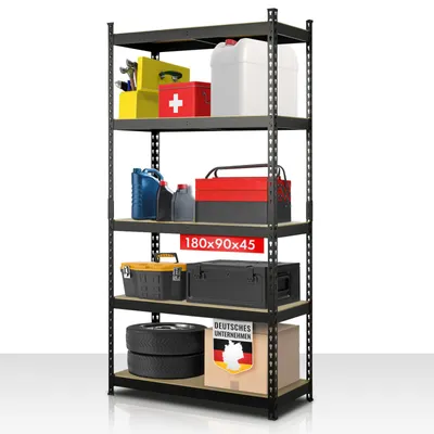 A black metal shelving unit filled with various items like toolboxes, containers, and tires.