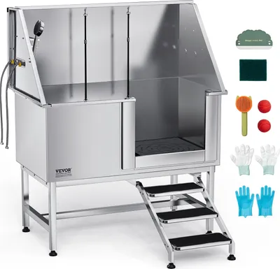 Produktbild von VEVOR Hundewaschstation Edelstahl, 1270x700x1545mm Tierpflegewanne mit Treppe, PE-Wasserfilterplatte, Wasserhahn, Duschkopf & Seifenhalter, für große, mittelgroße & kleine Haustiere (rechte Tür)