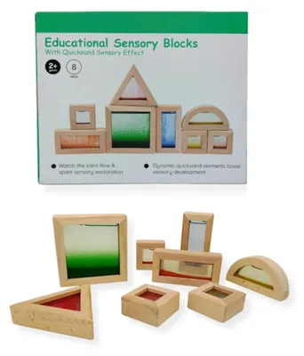 Obrázok produktu pre Kabi SensArt Sand – Senzorické drevené stavebnice s pieskom (8 dielov, buk, akrylové okienka, 6 farieb, 8 geometrických tvarov) – vhodné pre Montessori, od 2 rokov, podľa CE a EN71