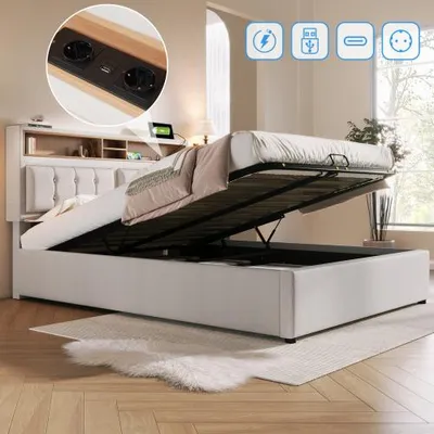 Produktbild von Polsterbett Doppelbett mit USB C Steckdose Ladefunktion Kopfteil,Stauraumbetten Bettgestell aus Leinenmaterial Jugendbett 140x200 (Ohne Matratze)
