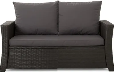 A front view of a dark gray outdoor sofa with two back cushions and a seat cushion.