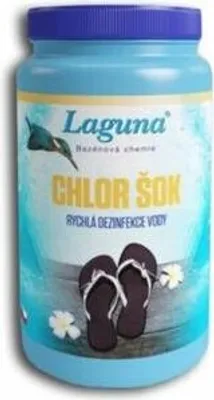 A product shot of a container of pool chemical with a beach-themed graphic.