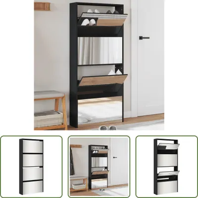 Produktbild von The Living Store Schuhschrank mit Spiegel 4 Fächer Schwarz 63x17x134 cm