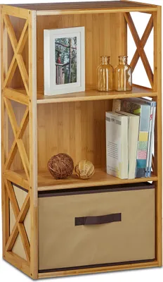 Produktbild von 2 x Regal Bambus mit Korb, 3 Ablagen, Holz Standregal, Badregal, Faltbox, HxBxT: 80 x 42 x 29 cm, natur braun
