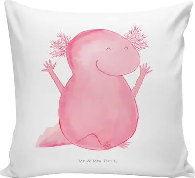 Produktbild von Mr. & Mrs. Panda Dekokissen Axolotl Hurra - Weiß - Geschenk, Freude, Zufriedenheit, Lurch, wohnzimmer kissen, Sofakissen, für sofa, Spaß, kuschelkissen 40x40