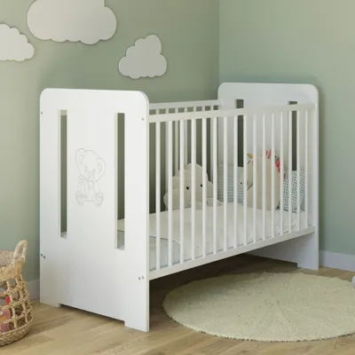 Produktbild von Babybett Gitterbett mit Teddy Gravur 60x120 höhenverstellbar | herausnehmbare Sprossen weiss Mädchen  Europe