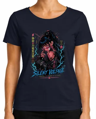 Imagen del producto de Camiseta para mujer, estilo anime cyberpunk, con diseño "Silent Voltage", inspirada en la cultura japonesa, estética Y2K, ideal para amantes del manga y el anime. Color: azul marino. Talla: M