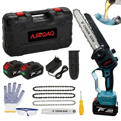 Produktbild von 1000W 6/8 Zoll Akku-Kettensäge Brushless Mini Kettensäge, 2×21V 4000mAh Akku, 15m/s, Automatische Kettenschmierung, Werkzeuglose Spannung